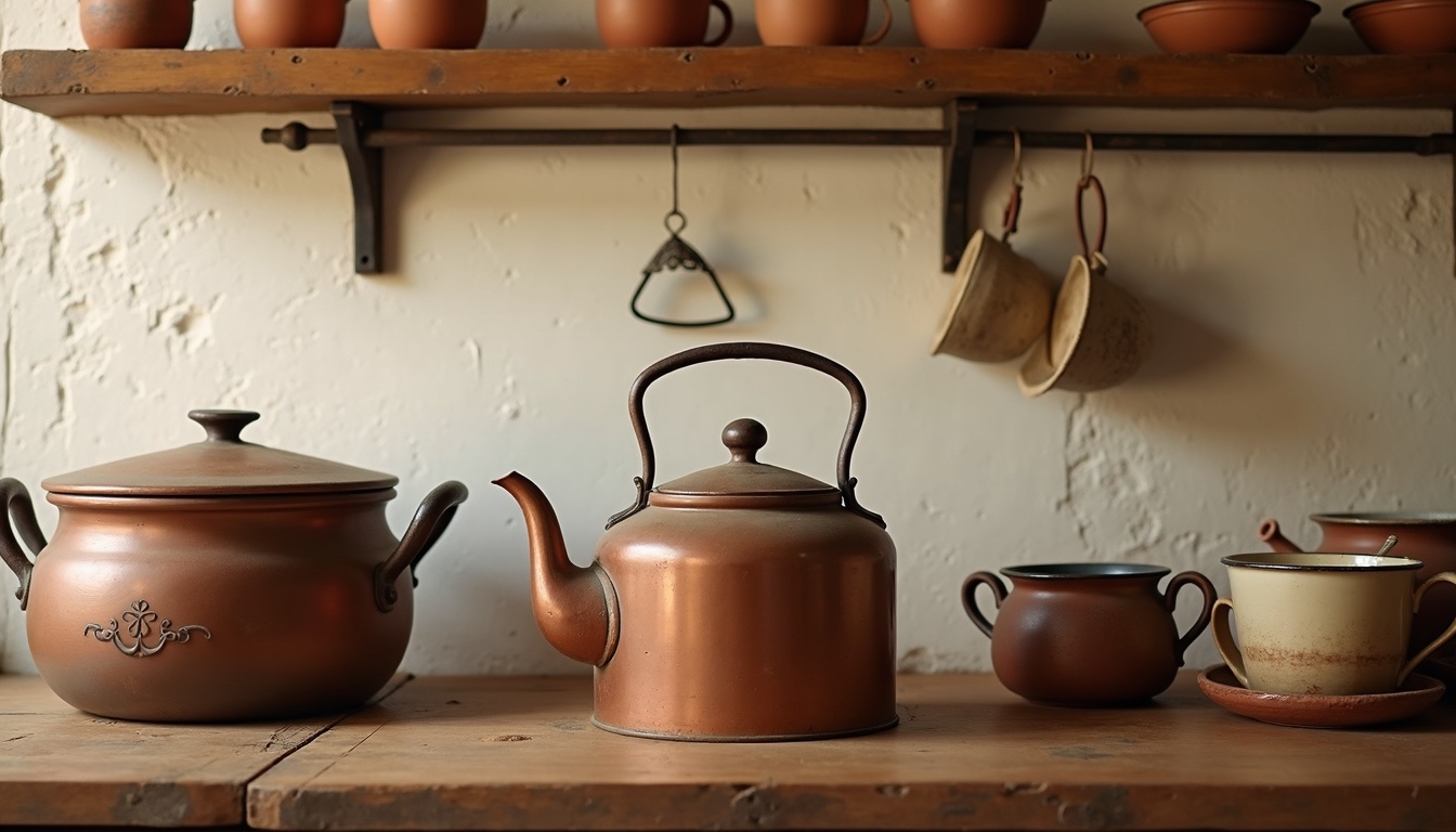 Cozinha de roça com tacho de cobre e louça esmaltada
